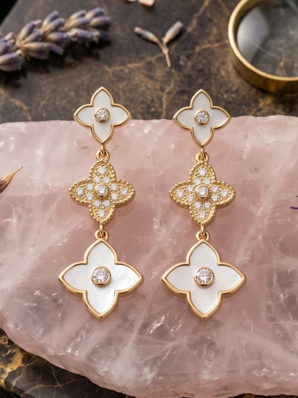 Gold and White Floral Drop Earrings with Crystal Centers